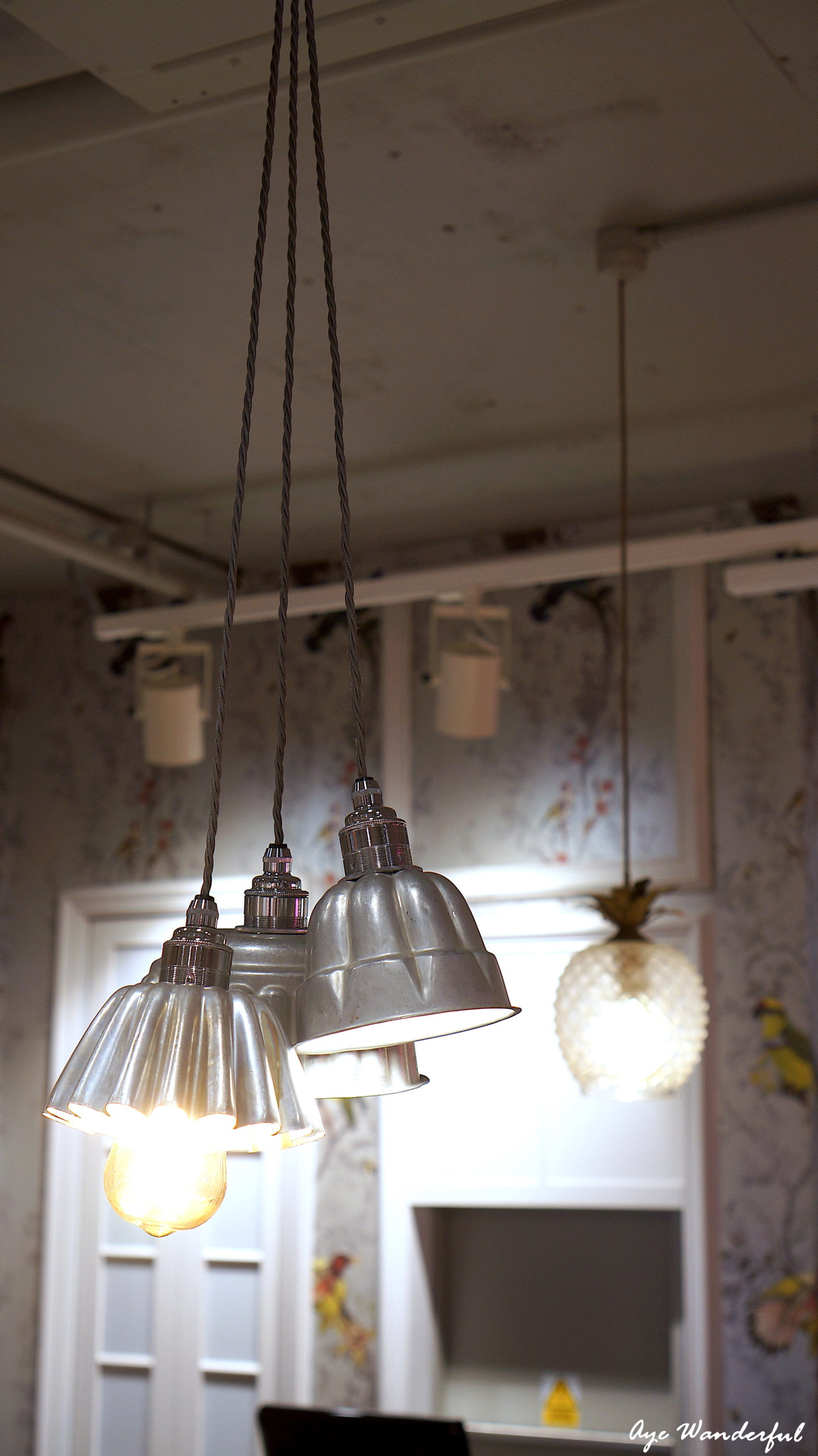 Hanging pendant lamps industrial | Saucer & Spritz cafe | Oasis Tottenham Court Road London | Looks and Locations | Read more on www.ayewanderful.com