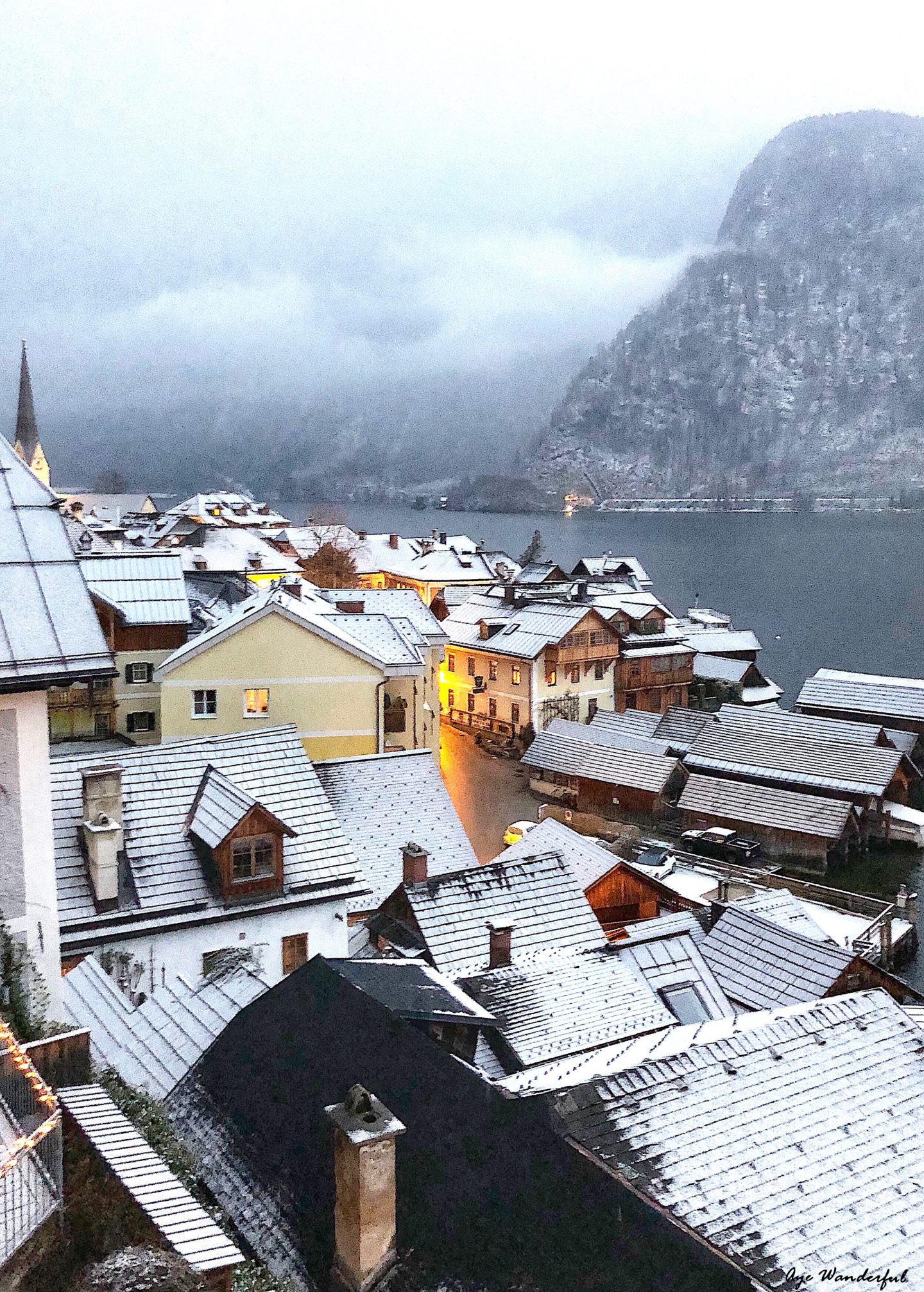 Hallstatt Austria snow rooftops